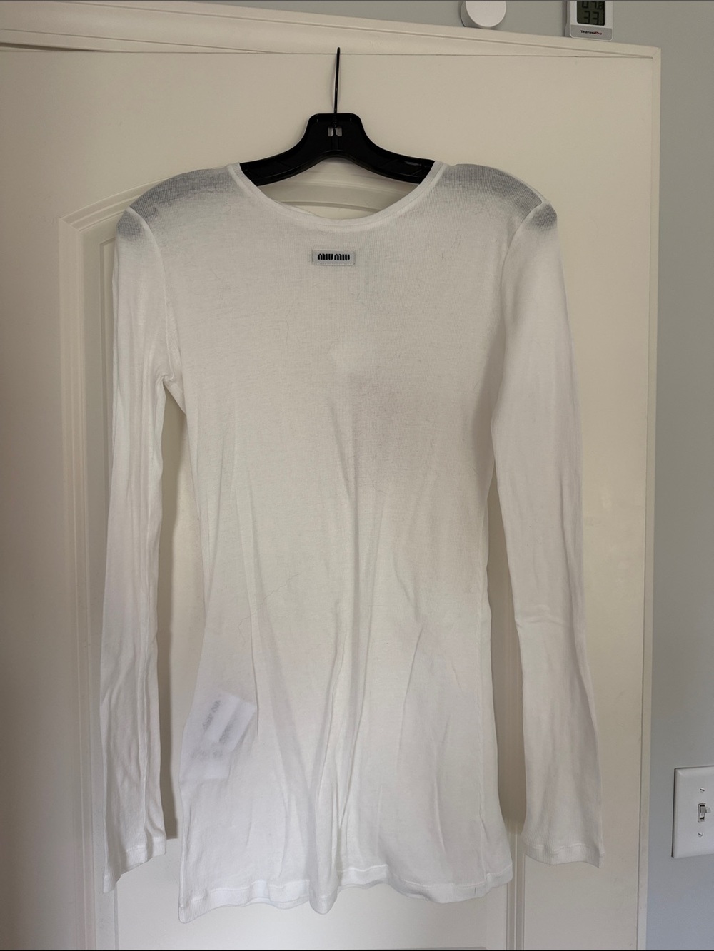Miu Miu White Long-Sleeve Slim Crewneck Top